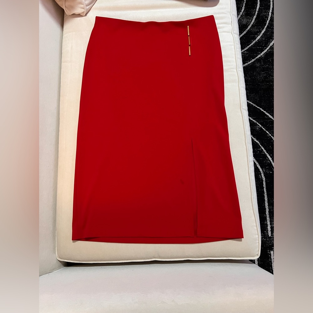 Red Midi Pencil Skirt with Front Slit